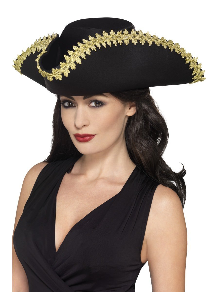 Pirate Hat Adult Black Tricorn Gold Trim Costume Accessory