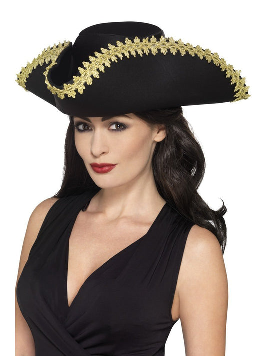 Pirate Hat Adult Black Tricorn Gold Trim Costume Accessory 2
