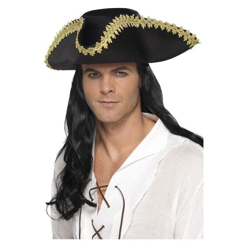 Pirate Hat Adult Black Tricorn Gold Trim Costume Accessory 3