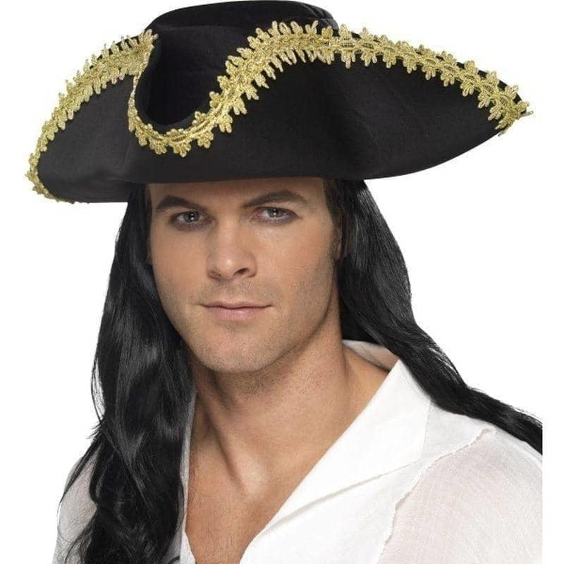 Pirate Hat Adult Black Tricorn Gold Trim Costume Accessory_1