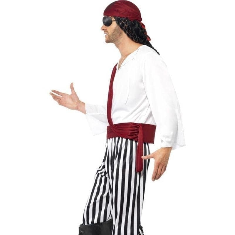 Pirate Man Costume Adult White Black Red Shirt Trousers Headpiece Belt_3