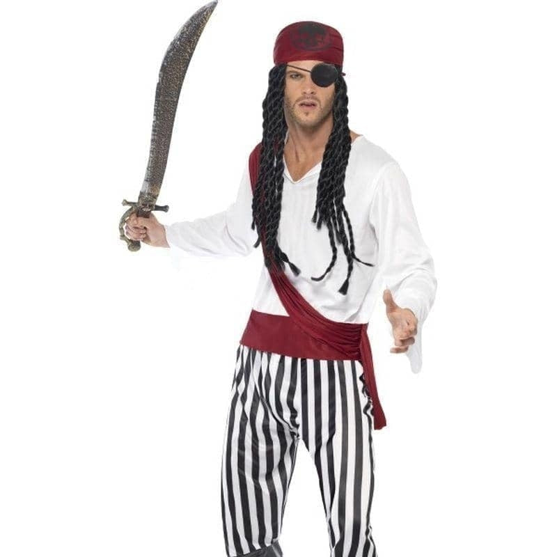 Pirate Man Costume Adult White Black Red Shirt Trousers Headpiece Belt_4