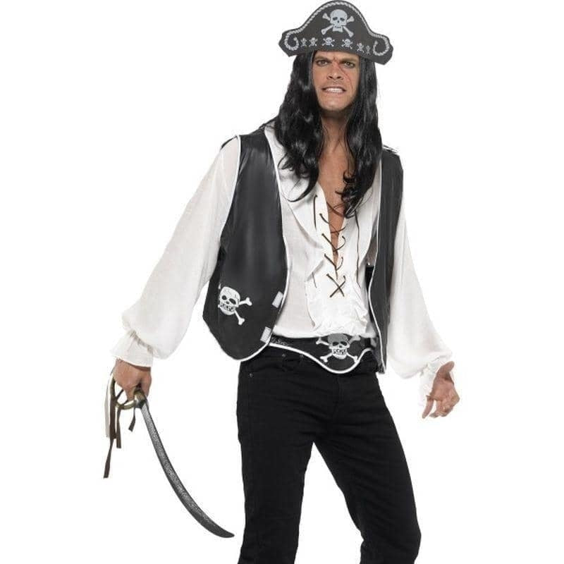 Pirate Set Adult Black Hat Waistcoat Belt_1