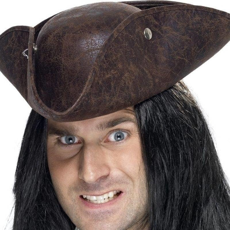 Pirate Tricorn Hat Brown Distressed Leather Look Adult Costume Accessory 2