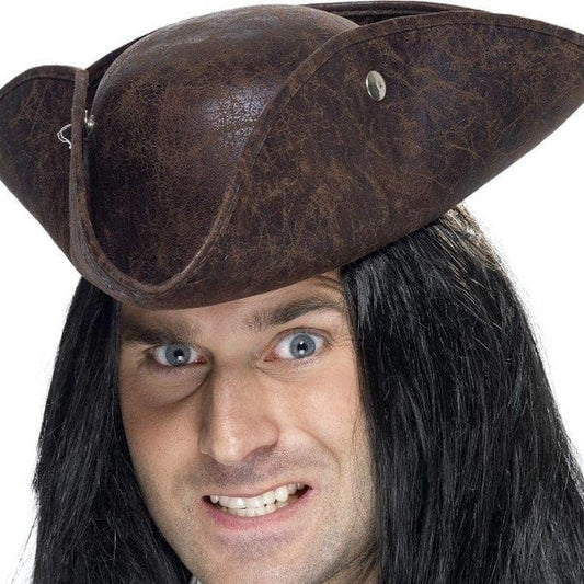Pirate Tricorn Hat Brown Distressed Leather Look Adult Costume Accessory 2