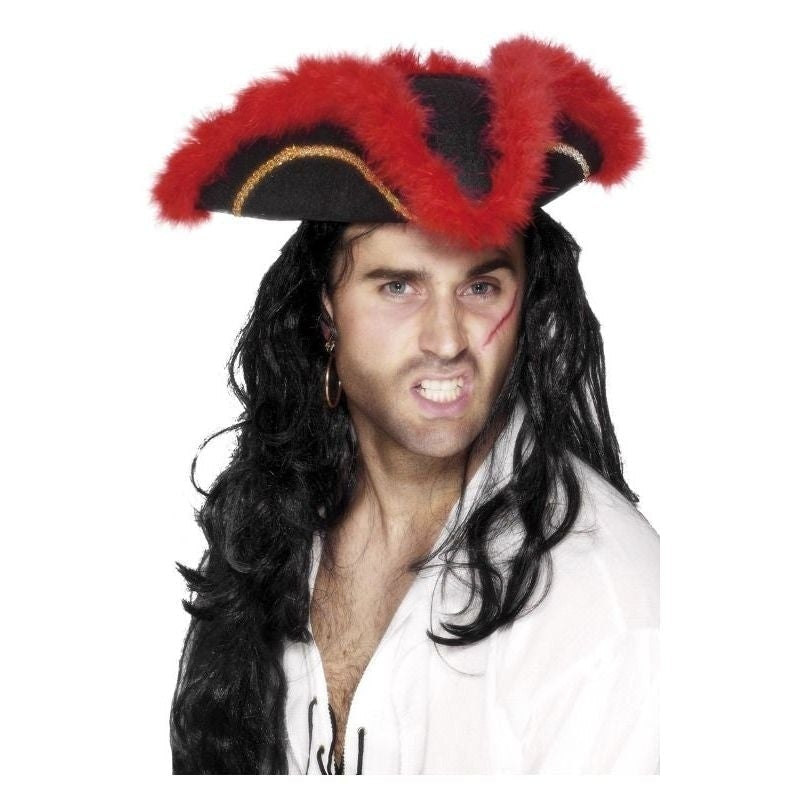 Pirate Tricorn Hat Black Gold Braid Marabou Red Feather Adult Costume Accessory 2