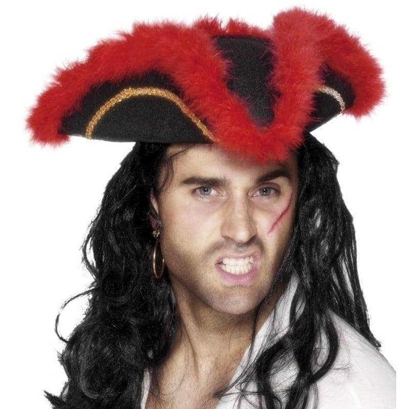 Pirate Tricorn Hat Black Gold Braid Marabou Red Feather Adult Costume Accessory 1