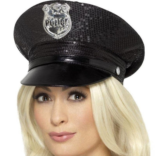 Police Hat Adult Fever Sequin Black 1