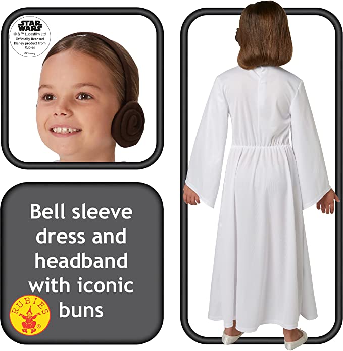 Princess Leia Costume Girls Long White Dress Belt Hair Buns 3