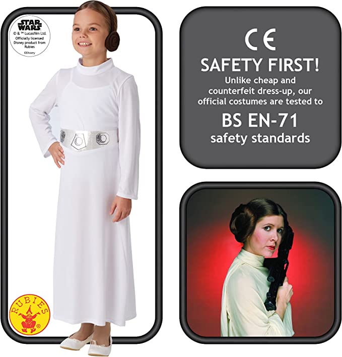 Princess Leia Costume Girls Long White Dress Belt Hair Buns 4