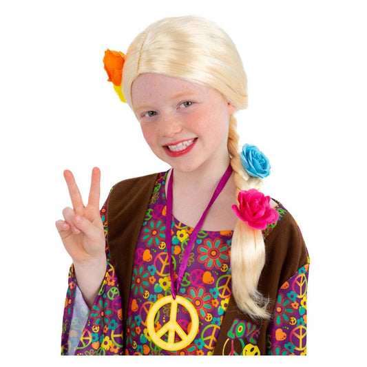 Princess Or Hippie Child Long Plait Blonde Wig with Flowers Costume Accessory 1