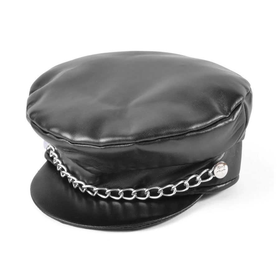 Punk Leather Cap Black Hat with Chain_1