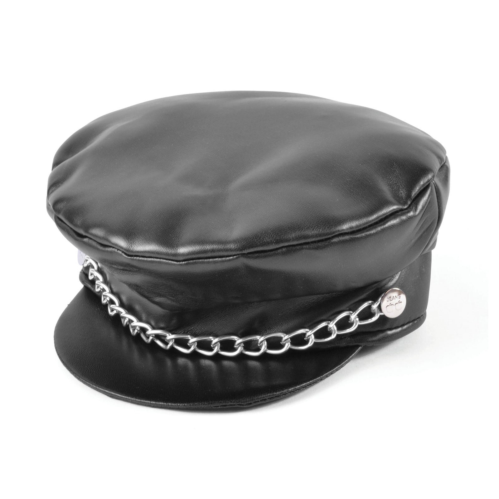 Punk Leather Cap Black Hat with Chain 1