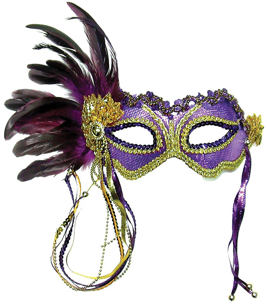 Womens Purple Metallic + Side Feather Mask Eye Masks Female Halloween Costume_1 EM322