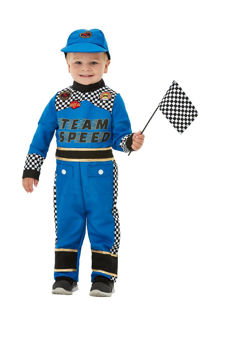 Racing Car Driver Costume Toddler Blue Jumpsuit Cap Flag 2