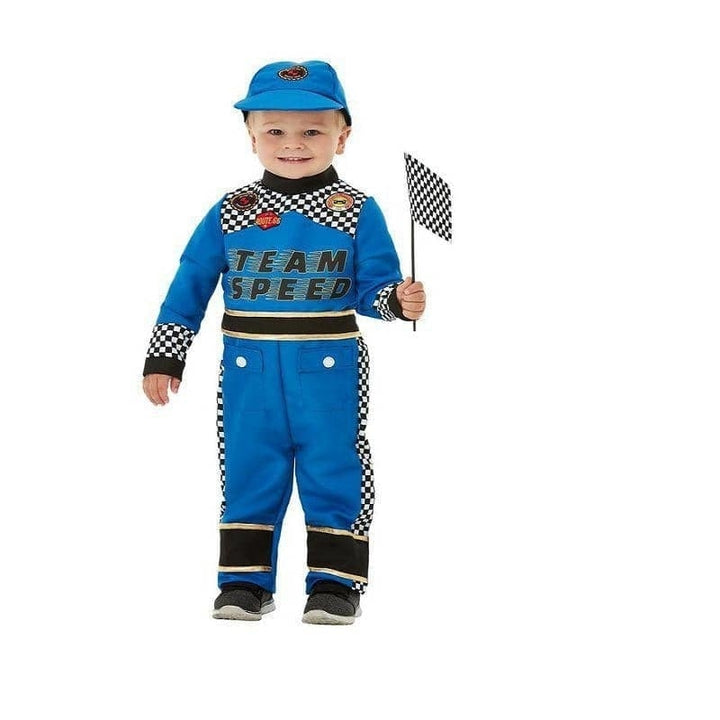 Racing Car Driver Costume Toddler Blue Jumpsuit Cap Flag_1