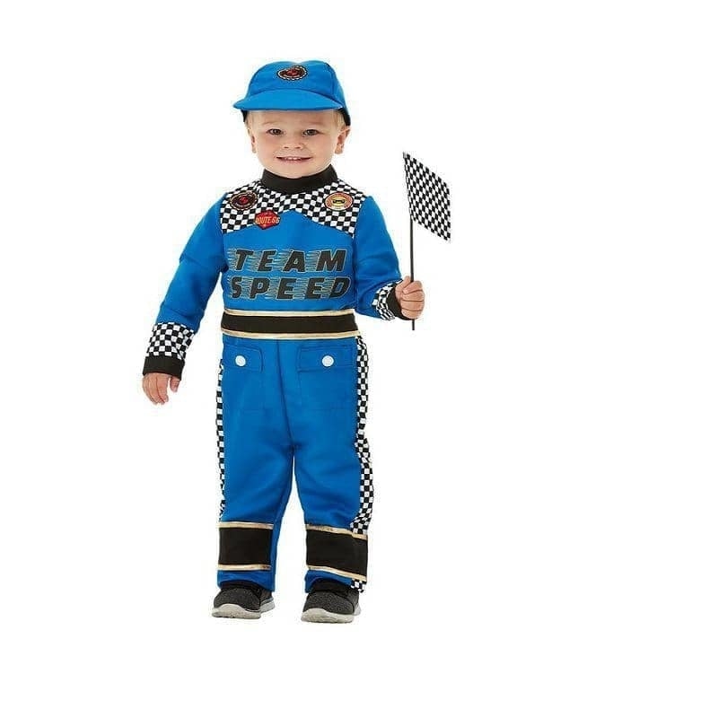 Racing Car Driver Costume Toddler Blue Jumpsuit Cap Flag 1