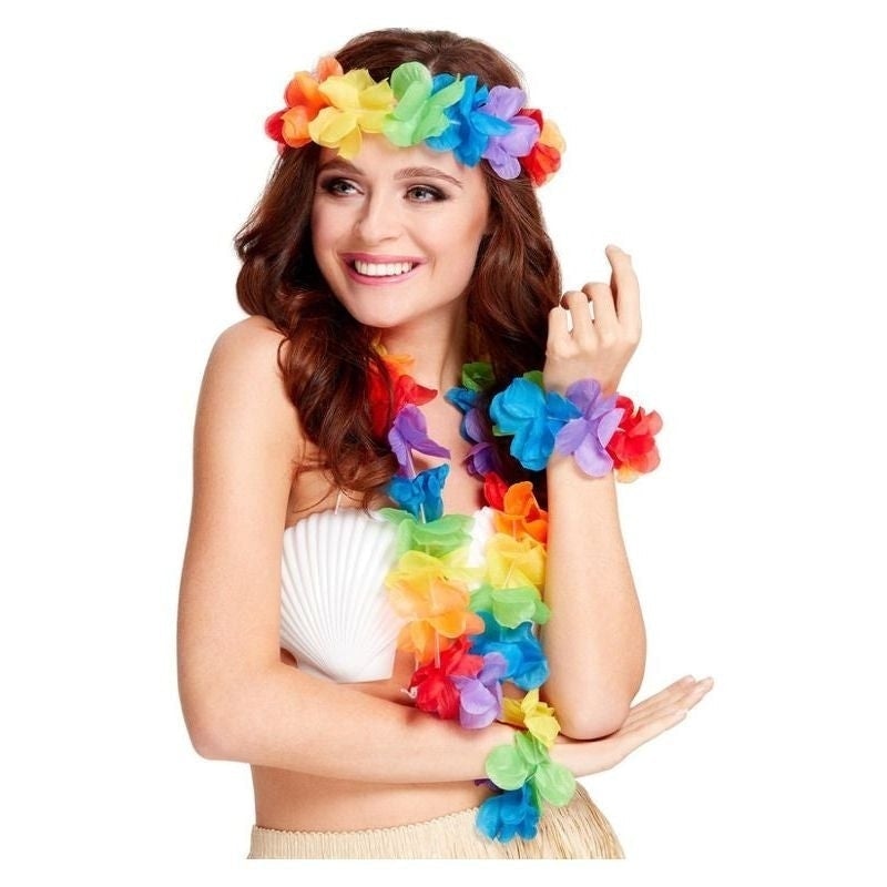 Rainbow Hawaiian Set Adult Multi Coloured Garland Headband Wristband_2
