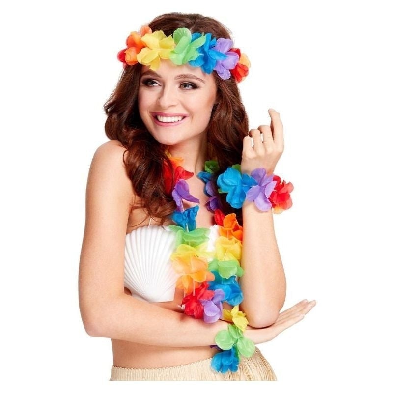 Rainbow Hawaiian Set Adult Multi Coloured Garland Headband Wristband 2