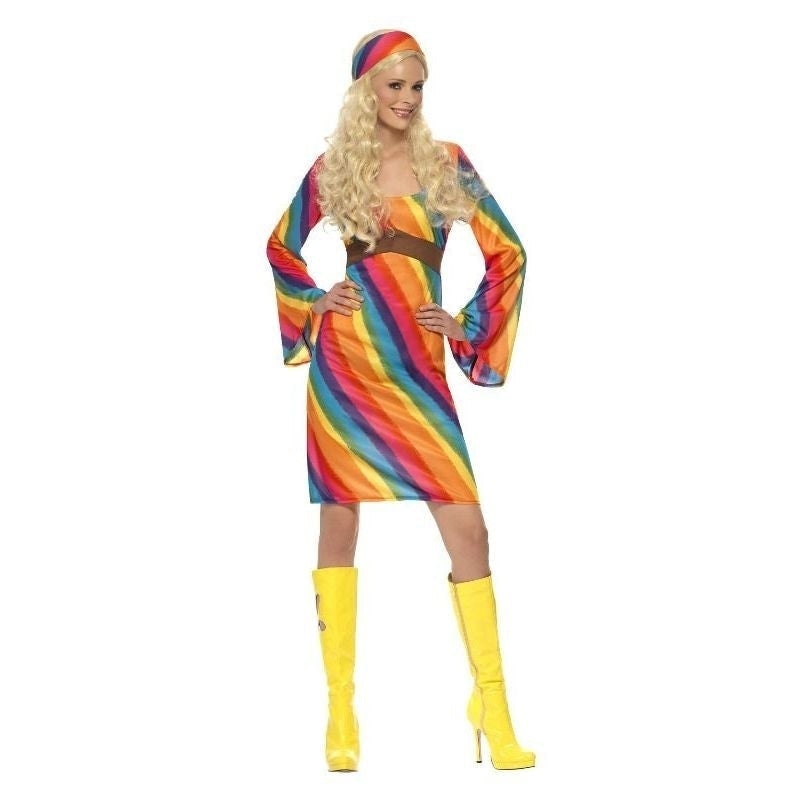 70s Rainbow Hippie Costume Ladies Dress and Headband 1