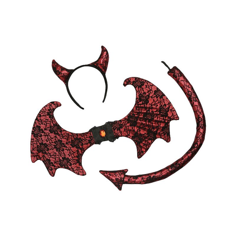Retro Lace Devil Kit Black Red Headband Ears Wings Tail Adult Costume Accessory 1