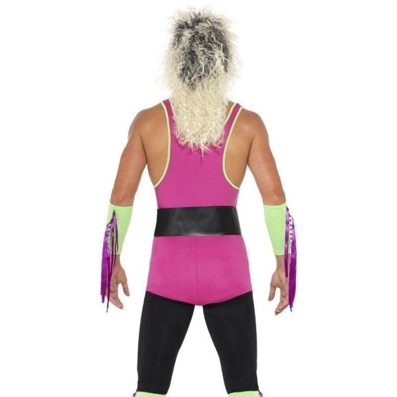Retro Wrestler Costume Adult Multi Coloured Bodysuit Belt Arm Leg Cuffs 2