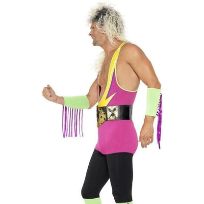 Retro Wrestler Costume Adult Multi Coloured Bodysuit Belt Arm Leg Cuffs 3
