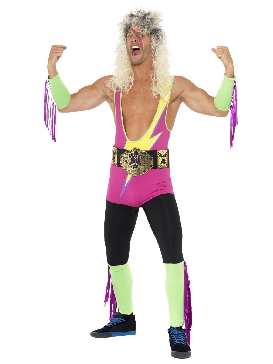 Retro Wrestler Costume Adult Multi Coloured Bodysuit Belt Arm Leg Cuffs
