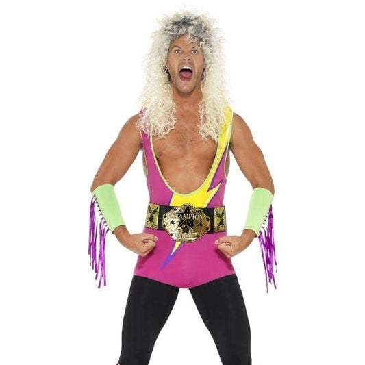 Retro Wrestler Costume Adult Multi Coloured Bodysuit Belt Arm Leg Cuffs 1
