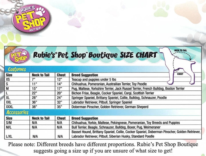 Size Chart Robin Pet Costume for Dogs and Cats