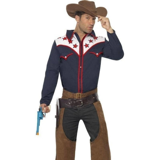 Rodeo Cowboy Costume Adult Blue Shirt Brown Chaps 2