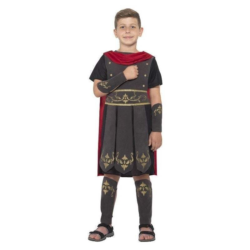 Roman Soldier Costume Kids Black Tunic Attached Red Cape Black Arm and Leg Cuffs 1