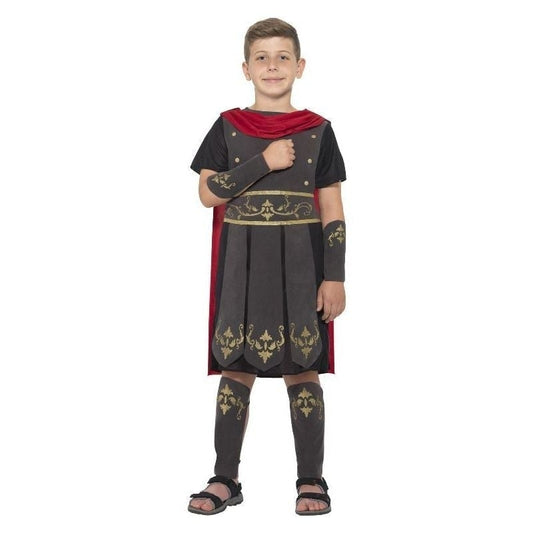 Roman Soldier Costume Kids Black Tunic Attached Red Cape Black Arm and Leg Cuffs 1