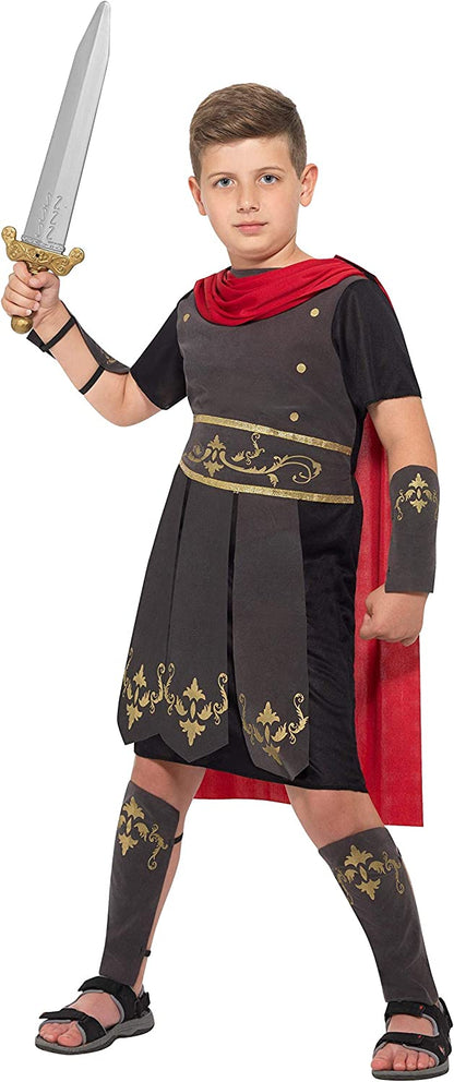 Roman Soldier Costume Kids Black Tunic Attached Red Cape Black Arm and Leg Cuffs 4
