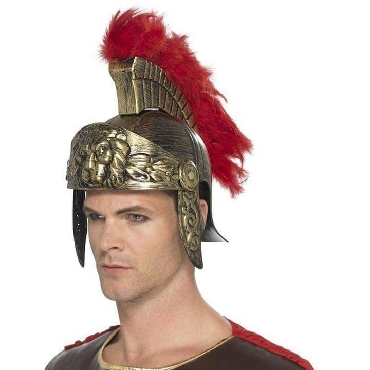 Roman Spartan Helmet Plastic Adult Gold Red Plume_1