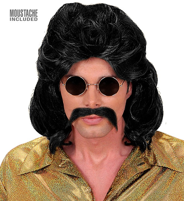 The 70S Man Wig & Moustache Black - In Box