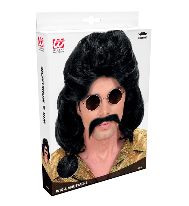 The 70S Man Wig & Moustache Black - In Box