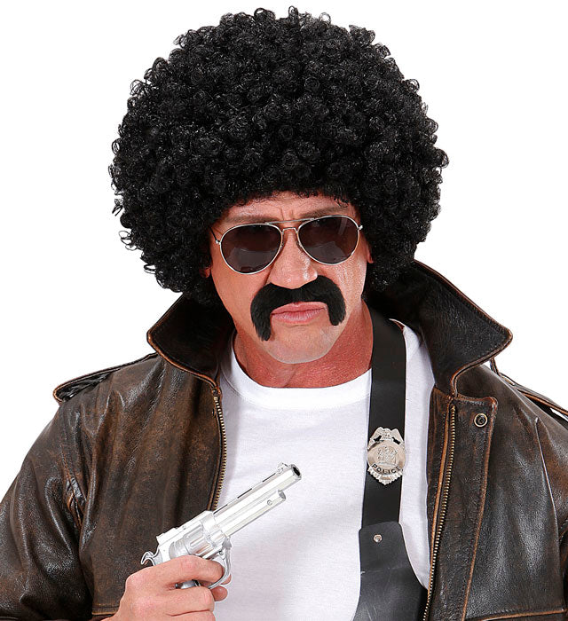 Black Curly Undercover Agent Wig With Moustache & Sunglasses In Box