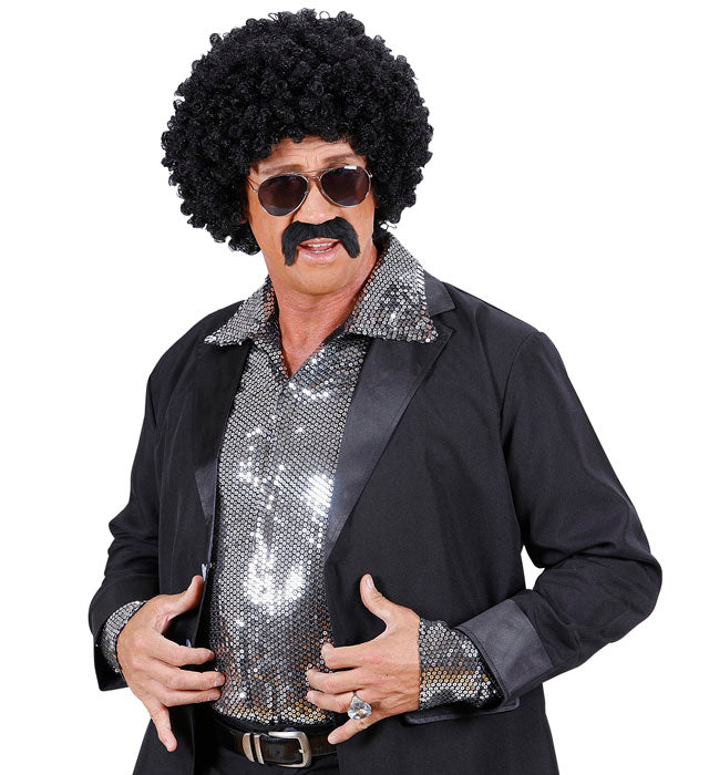 Black Curly Undercover Agent Wig With Moustache & Sunglasses In Box