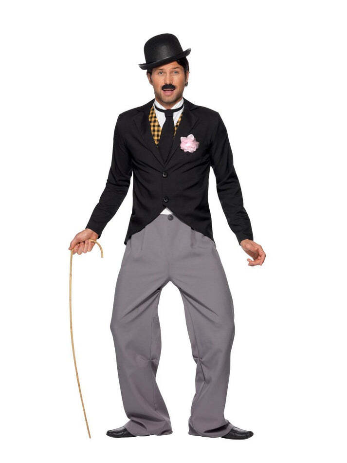 1920s Star Costume Charlie Chaplin Black Grey Trousers Jacket Mock Waistcoat Tie 1