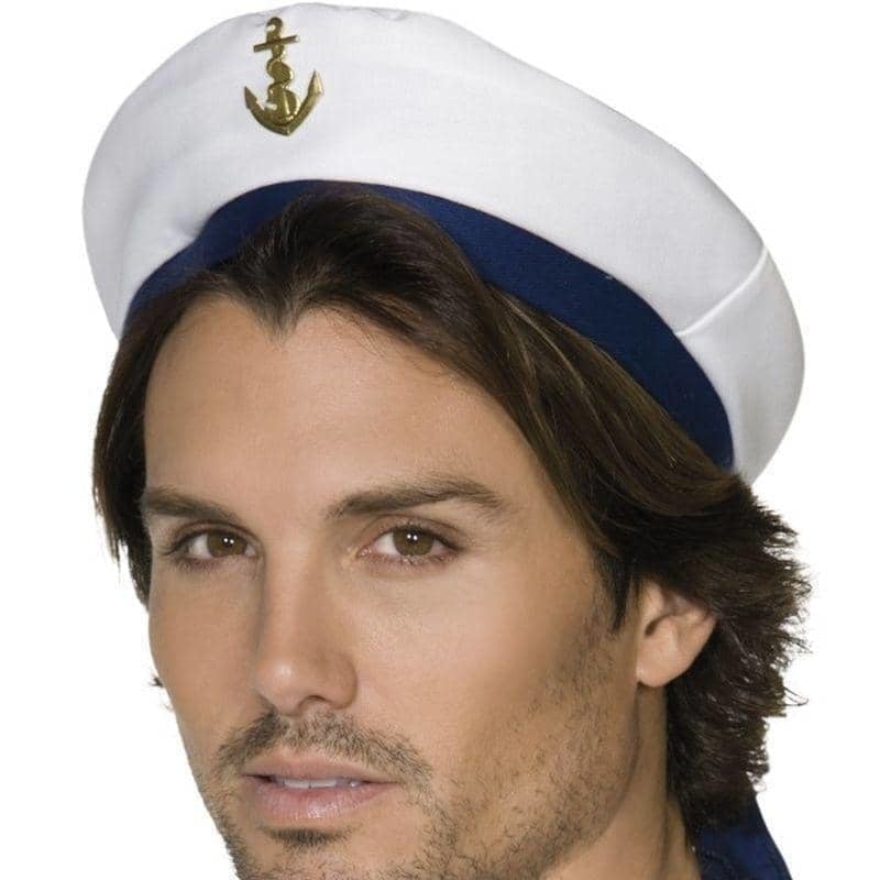 Sailor Hat White with Blue Band and Gold Anchor Costume Accessory 1