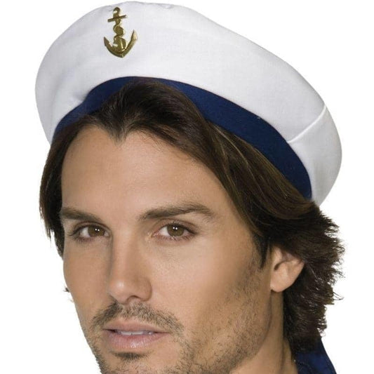 Sailor Hat White with Blue Band and Gold Anchor Costume Accessory 1