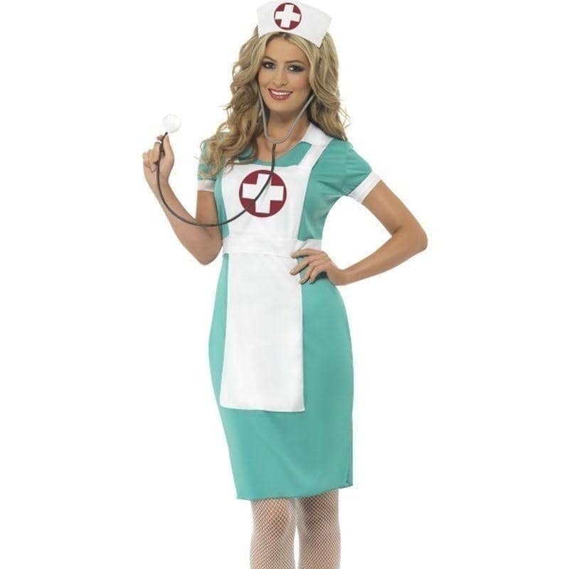Scrub Nurse Costume Adult Green Dress Mock Apron Headpiece_1