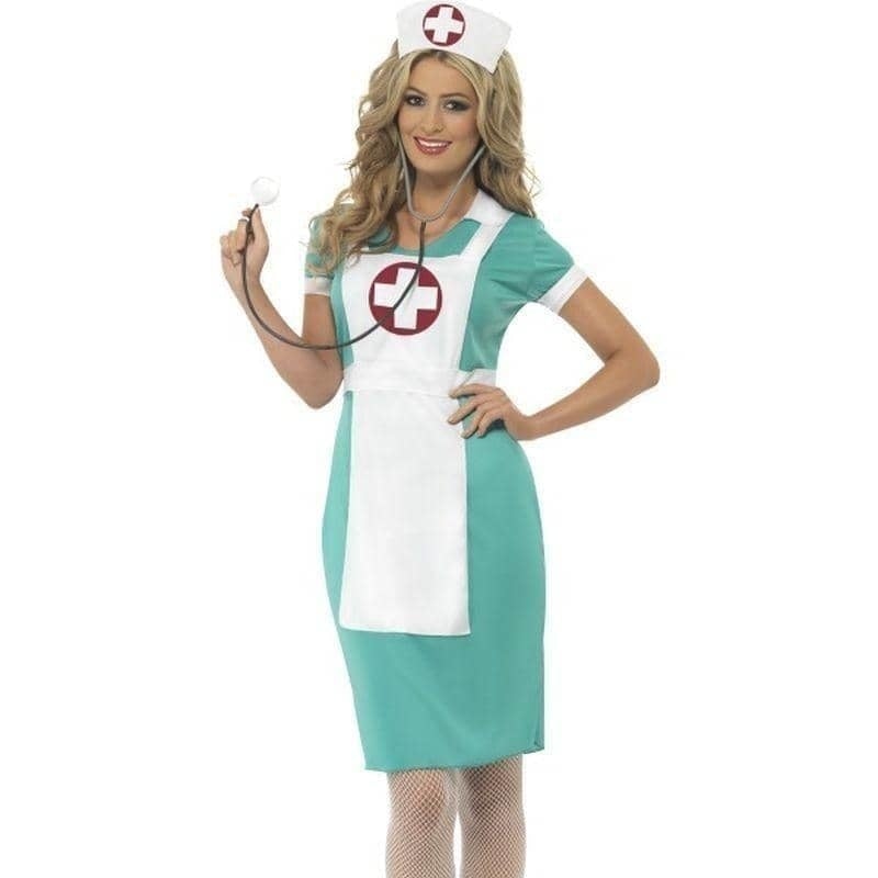 Scrub Nurse Costume Adult Green Dress Mock Apron Headpiece 1