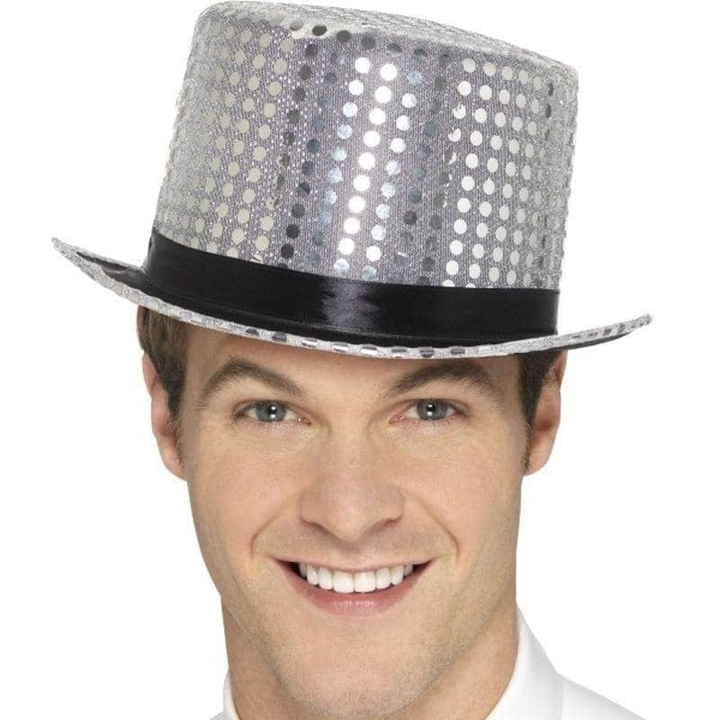 Sequin Top Hat Silver with Elastic Inner Rim Adult Costume Accessory 2