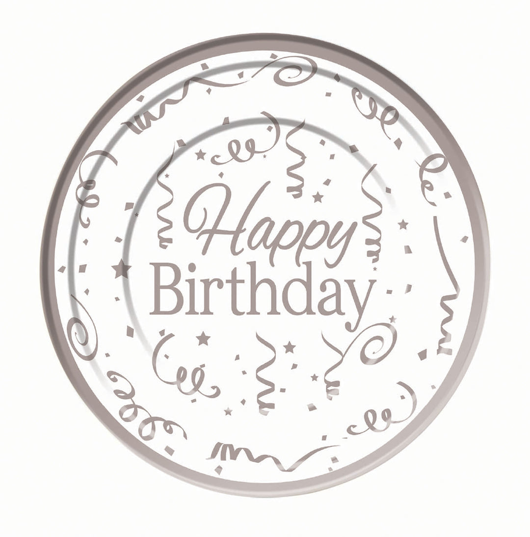 Silver Happy Birthday Plates Plastic 10 Pack 26cm_1