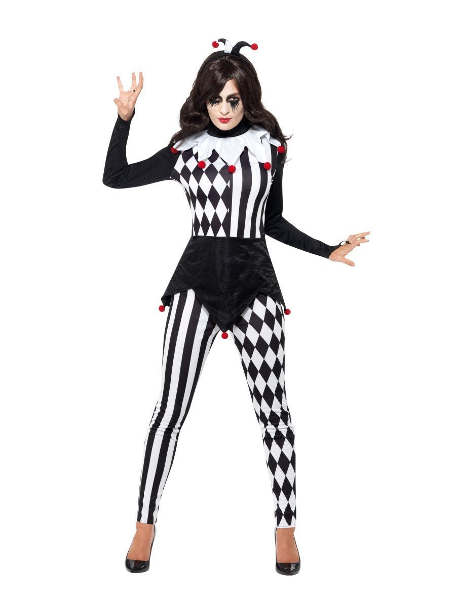 Sinister Female Jester Costume Adult Harlequin Top Leggings Headband 4