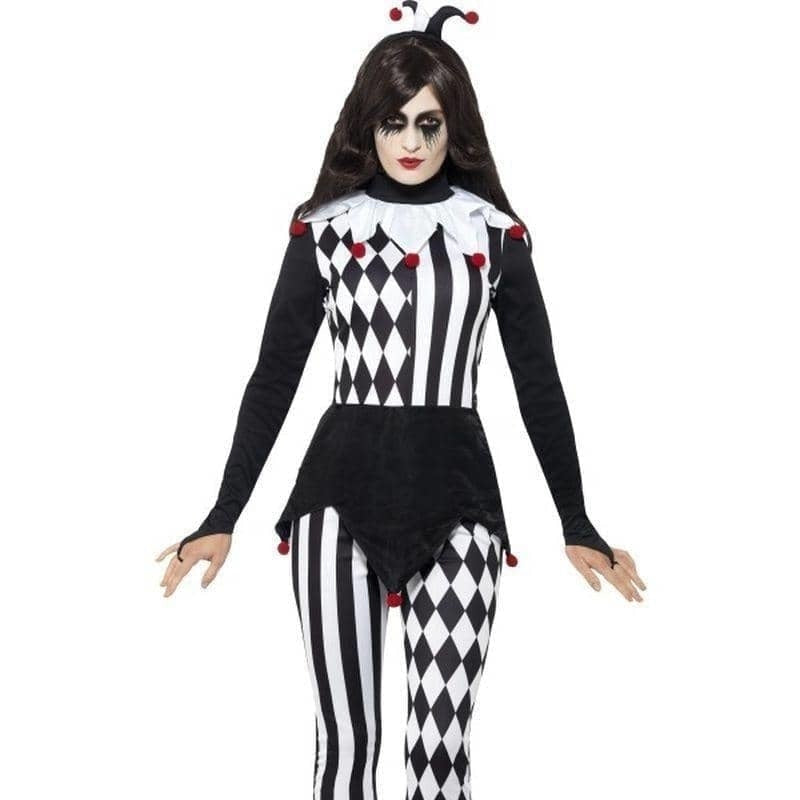 Sinister Female Jester Costume Adult Harlequin Top Leggings Headband 1