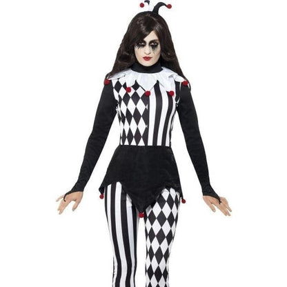 Sinister Female Jester Costume Adult Harlequin Top Leggings Headband 1
