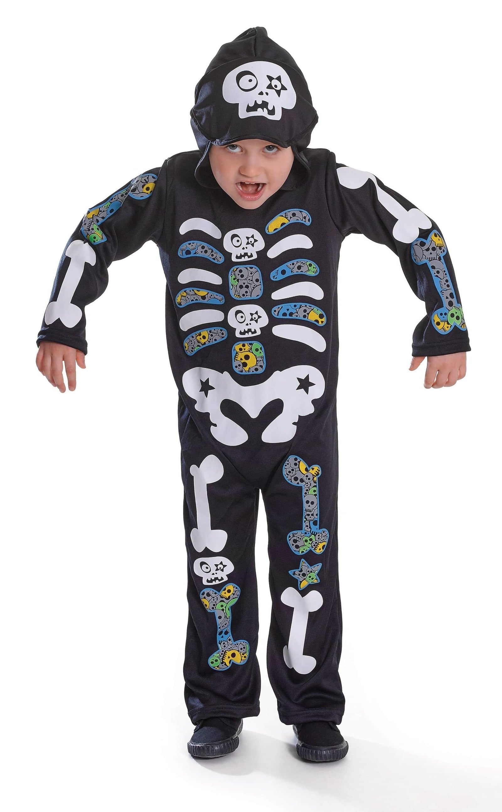 Skeleton Boy Hooded with Colour Bones Childrens Costume 1